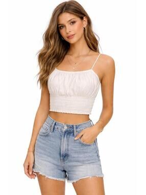 Abercrombie White Smocked Linen Tank Coastal Grandmother Coquette Crop Top Sz M